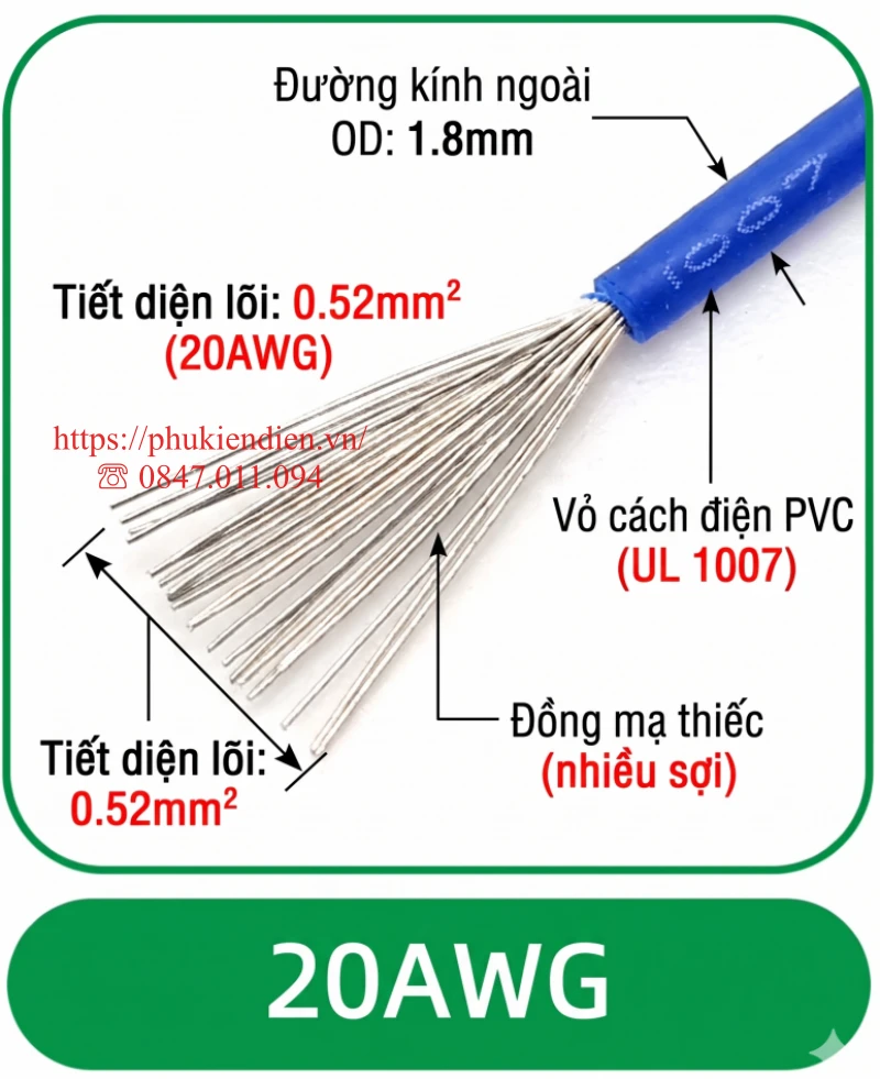 Dây điện 1x0.5 đấu tủ điện, màu blue, vỏ nhỏ